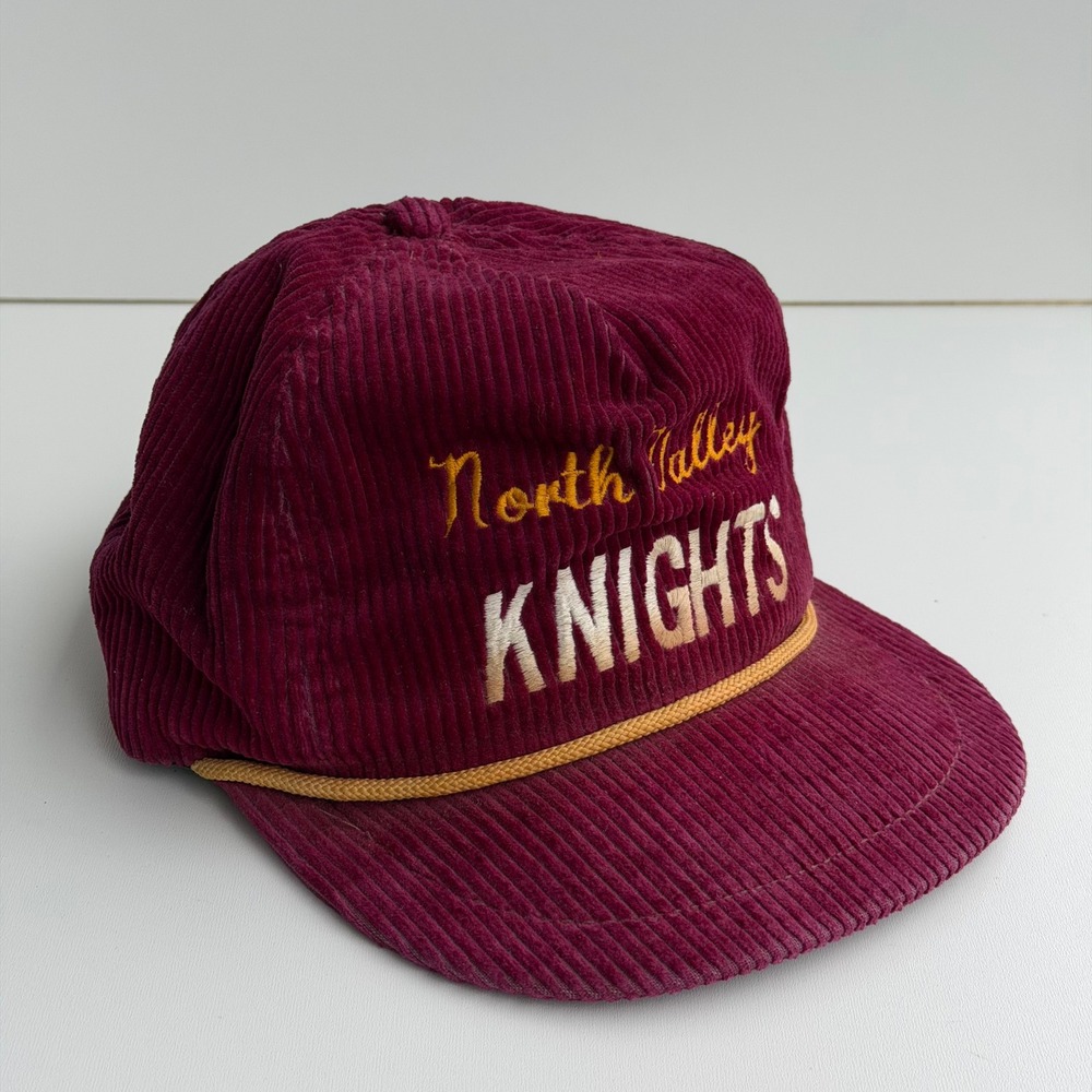 Vintage 80s North Valley Knights Corduroy Trucker Hat Burgundy Strapback Rope